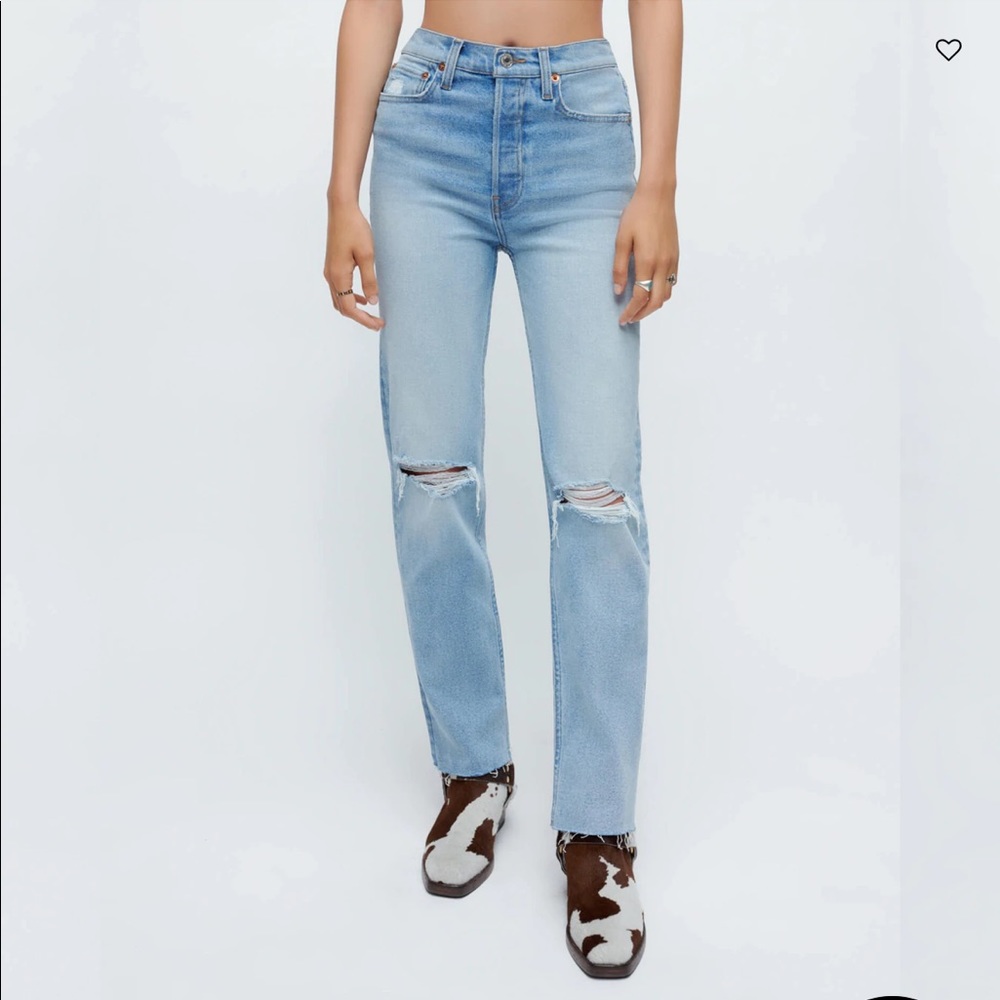 Re/done extra stretch High Rise Stove Pipe jeans in Seawater Destroyed